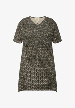 Kurzes Kleid mit kurzen Ärmeln in einem dunkelgrünen Muster. Es besteht aus einem strukturierten, gewebten Stoff mit einem V-Ausschnitt und einer lockeren, entspannten Passform.