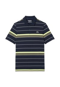 Polo shirt blu navy con righe orizzontali bianche e verdi. Presenta una chiusura con due bottoni e un piccolo logo di coccodrillo verde sul petto.
