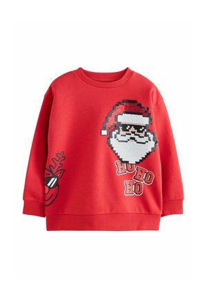 Rode trui met een gepixelde kerstman met zonnebril en de tekst "HO HO HO", plus een rendiergezicht met zonnebril linksonder.