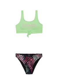 Top sportivo verde con testo 'SUNNY DAYS' e dettaglio nodo, abbinato a slip bikini neri con un motivo a foglie colorate.