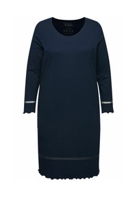 Granatowa sukienka z długim rękawem, z okrągłym dekoltem, falbaniastym dołem i metalicznymi paskami na rękawach. Wykonana z miękkiego materiału.