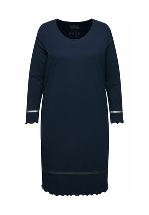 Robe bleu marine à manches longues avec un col arrondi, un ourlet festonné et des accents en rayures métalliques au niveau des manches. Fabriquée en tissu doux.