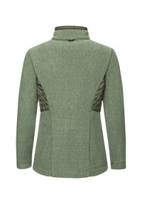 Groen fleecejack met een gestructureerd ontwerp, textuurlijke lichaamsstof en soepele, doorgestikte accenten aan de zijkanten en op de bovenrug. Hoog kraagdetail.