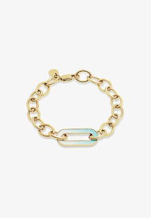 Armband aus Goldkette mit großen ovalen Gliedern und einem auffälligen, länglichen Akzentglied aus Türkis. Glatte Textur mit polierter Oberfläche.