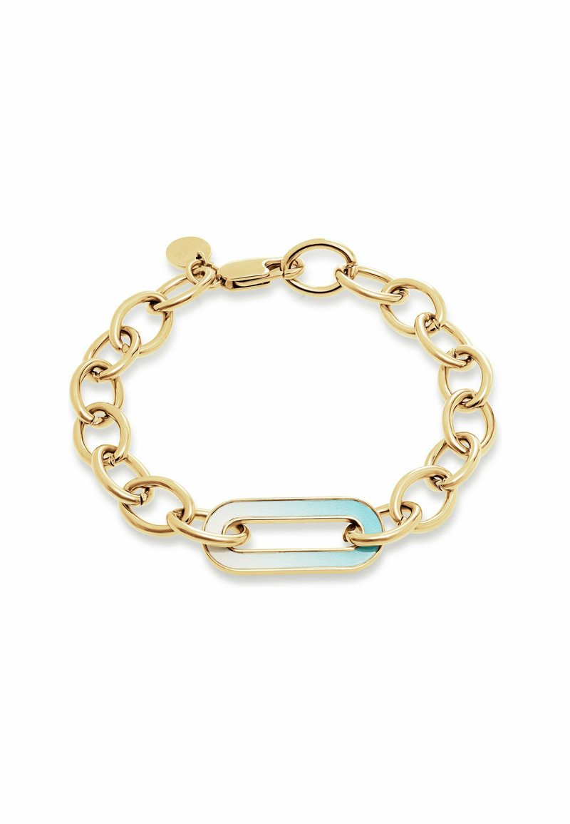 Bracciale in oro a catena con grandi anelli ovali e un link accentuato allungato di turchese prominente. Texture liscia con finitura lucida.