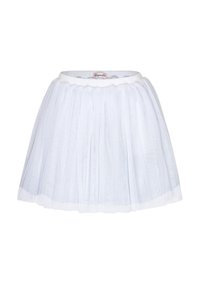 Weißer Tüllrock mit einem gerafften Design, ausgestattet mit einem glatten Bund und mehrschichtiger Textur für ein leichtes, luftiges Erscheinungsbild.