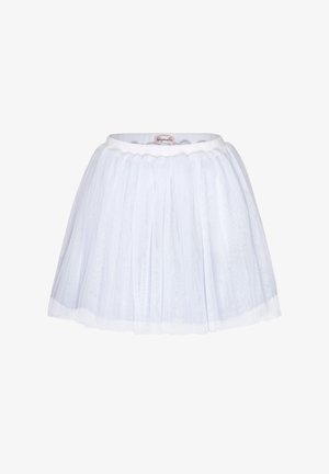 White tulle skirt with a gathered design, featuring a smooth waistband and layered texture for a light, airy appearance.