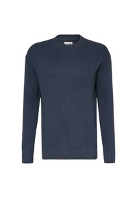 Maglione lavorato a maglia blu navy con maniche lunghe, scollatura rotonda, texture a coste e un piccolo logo applicato all'orlo.