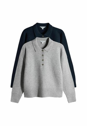 Two polo sweaters stacked: one gray with five buttons and ribbed hem, the other navy, both made of soft fabric.