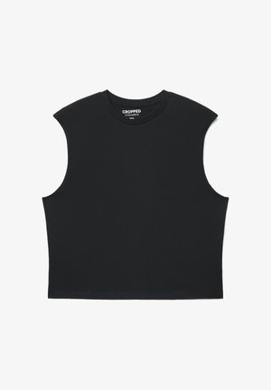 T-shirt corta nera realizzata in tessuto morbido, con maniche corte, scollo rotondo e orlo dritto. Senza motivi o accenti.