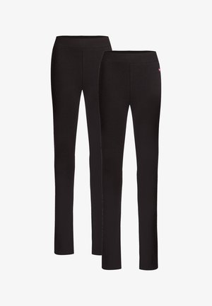 Leggings noirs avec une texture lisse et une taille élastique, présentant une coupe ajustée et un design minimal. Aucun motif ou accent visible.
