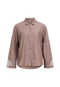 Brown striped button-up shirt with long sleeves, white floral embroidery on cuffs, and a classic collar.  Soft fabric, relaxed fit.