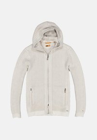Light grey zip-up hoodie with a textured ribbed pattern, hood, and side zip pockets. Made of soft knit material with fitted cuffs.
