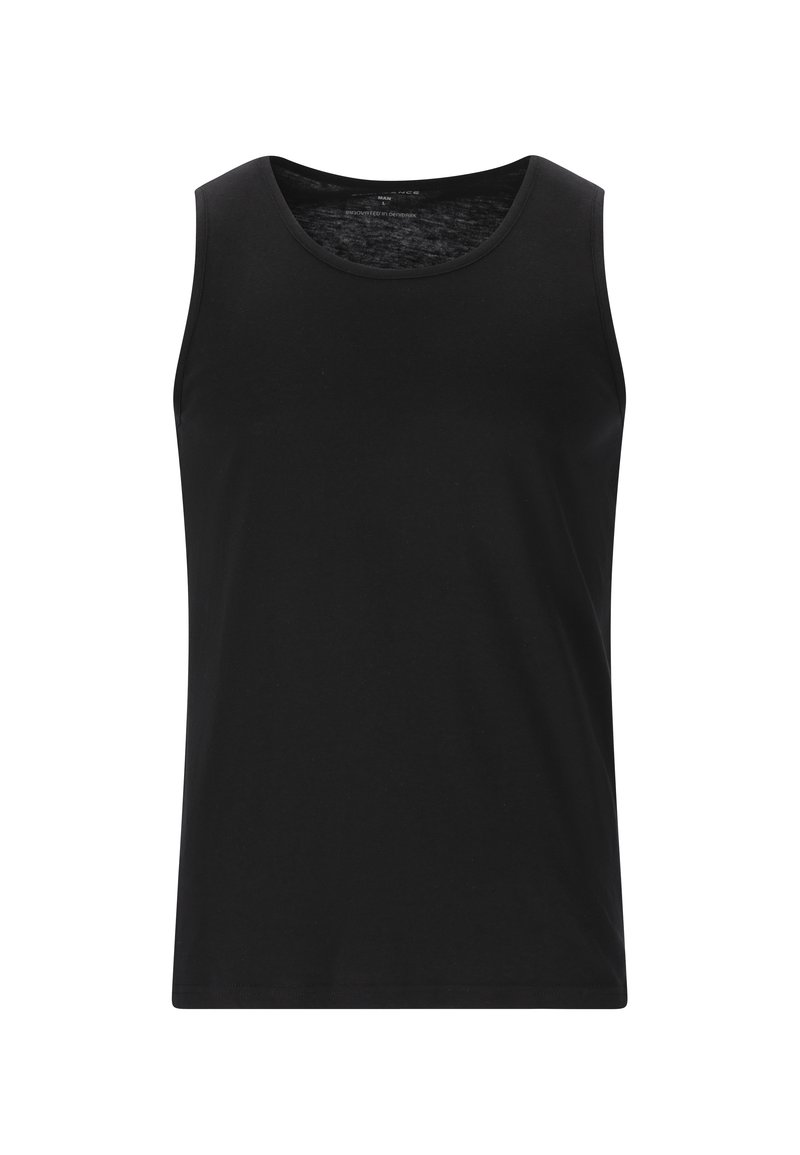 Svart ärmlös tanktopp i mjukt tyg, med rund halsringning och en odekorerad design med rak skärning.