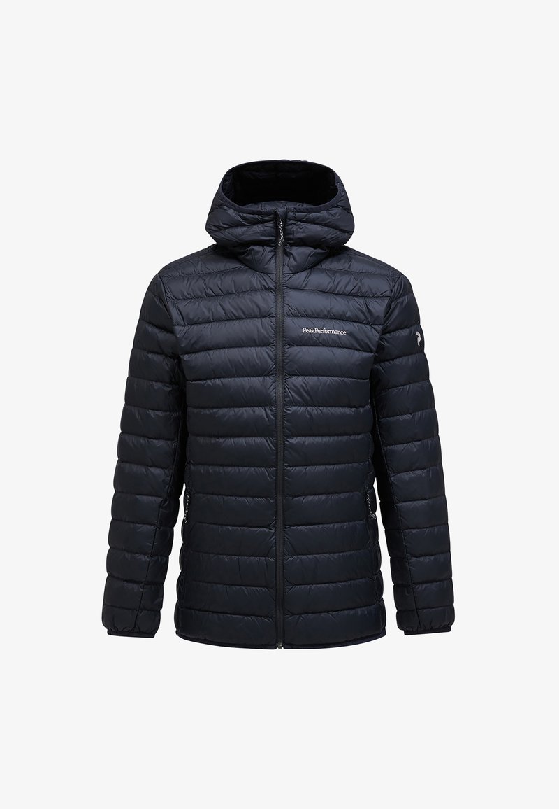 Black puffer jacket with a hood, featuring quilted sections, a front zipper, and a Peak Performance logo on the chest. Smooth texture.