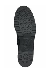 Zwarte rubberen schoenzool met een zigzagprofiel voor grip, voorzien van "pg" branding en extra textuurdetails voor duurzaamheid.