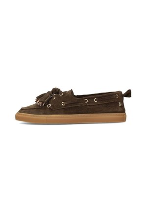Brown suede boat shoes with a rounded toe, tassel detail, lace-up design, metal eyelets, and a tan rubber sole.