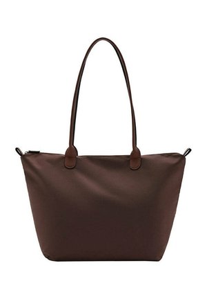 Sac cabas marron foncé avec deux longues anses et une fermeture éclair sur le dessus sur fond blanc.