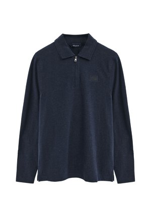 Dunkelblaues Langarm-Poloshirt mit Kragen und kurzem Frontreißverschluss, mit kleinem "Polo Club"-Logo auf der Brust.