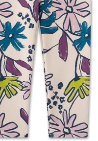 Leggings aus weichem, dehnbarem Stoff mit einem floralen Muster aus blauen, pinken, lila und grünen Blumen auf einem hellbeigen Hintergrund.