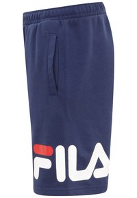 Pantaloni corti in cotone blu navy con vita elasticizzata e tasca laterale. Presentano un grande logo FILA bianco con un accento rosso sul lato sinistro.