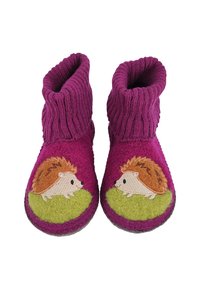 Filzschuhe in Lila mit gerippten Bündchen. Verfügt über bestickte Igel auf grünen Patches. Weicher Stoff und runde Zehenform.