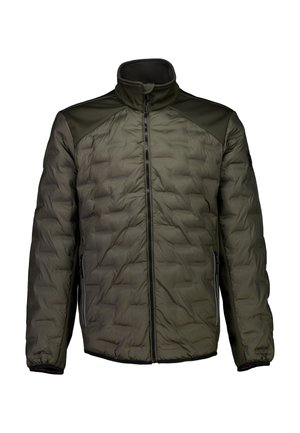 Chaqueta acolchada en verde olivo, con cierre de cremallera en la parte delantera, cuello alto, hombros texturizados y bolsillos laterales con cierres de cremallera.