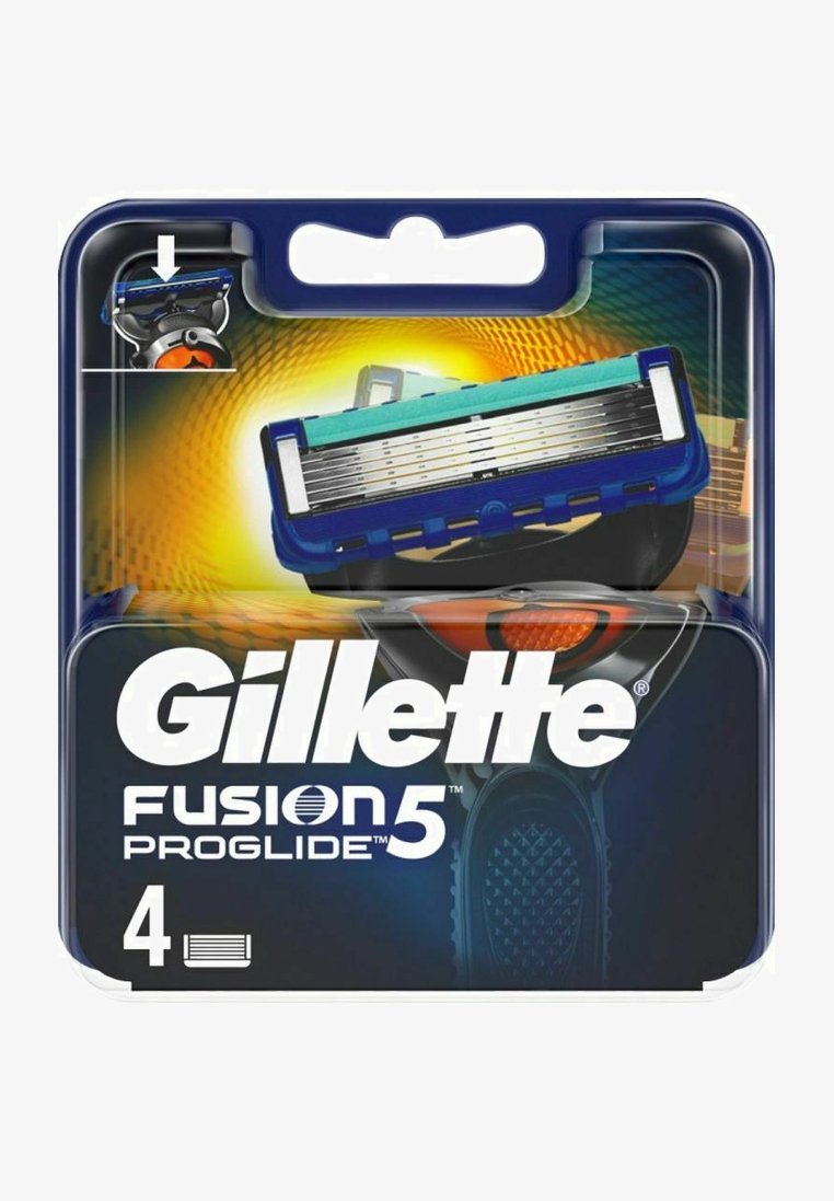 Pakka terästä Gillette Fusion5 ProGlide -parranajoteriä, joissa on viisi ruostumatonta terästä, siniset yksityiskohdat ja muovikotelointi, jonka etupuoli on läpinäkyvä.