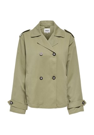 Olivgrüne zweireihige Jacke mit breiten Revers, geknöpften Schulterklappen und geknöpften Ärmelriemen, vor weißem Hintergrund dargestellt.