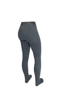 Graue Leggings aus einem dehnbaren Material, mit hoher Taille und figurbetontem Schnitt, glatter Textur und ohne sichtbare Muster.