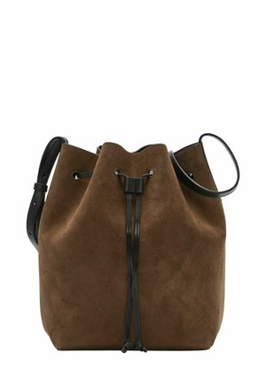 Brown suede bucket bag with black leather drawstrings and handle. Soft texture, slouchy design with a cinched top for easy access.