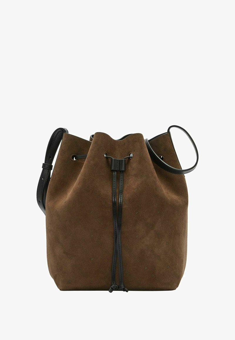 Brown suede bucket bag with black leather drawstrings and handle. Soft texture, slouchy design with a cinched top for easy access.