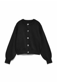 Cárdigan corto negro de tejido de punto, con cuello redondo y mangas oversize. Cinco botones transparentes en la parte delantera.