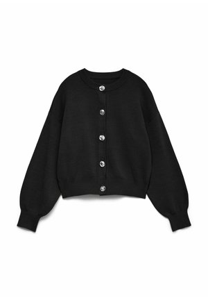 Juodas trumpintas kardiganas iš megztos medžiagos, suapvalintu kaklu ir per didelėmis rankovėmis. Penkios skaidrios sagos priekyje.