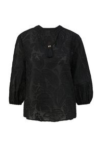Blusa negra con un diseño de encaje floral, mangas largas abullonadas, escote redondo y dos borlas con acentos dorados en la parte delantera.