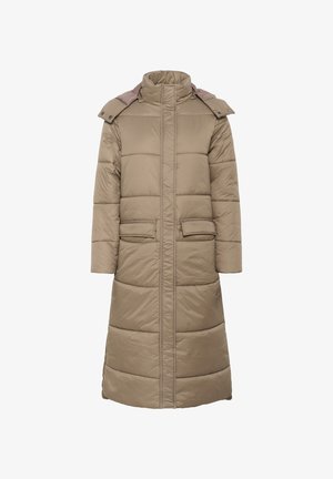 Gara, pildīta mētelis bēšā krāsā ar augstu apkakli, divām priekšējām kabatām un pogājamiem plecu elementiem. Gluda tekstūra un nedaudz spīdīga apdare.