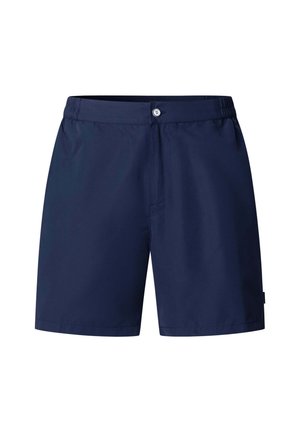 Marineblaue Shorts in mittlerer Länge mit Knopfverschluss, elastischem Bund und glatter Vorderseite, entworfen für den Freizeitgebrauch.