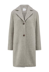 Grauer Mantel aus Wollmischung mit Reverskragen, drei braunen Knöpfen, geradem Schnitt, zwei Seitentaschen und einer weichen Textur.