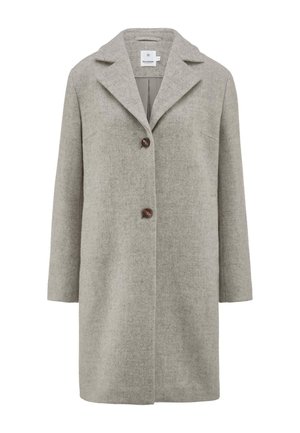 Grauer Mantel aus Wollmischung mit Reverskragen, drei braunen Knöpfen, geradem Schnitt, zwei Seitentaschen und einer weichen Textur.