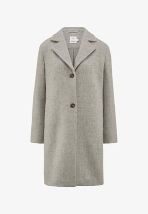 Grauer Mantel aus Wollmischung mit Reverskragen, drei braunen Knöpfen, geradem Schnitt, zwei Seitentaschen und einer weichen Textur.