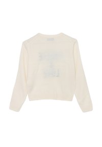 Maglione color crema realizzato in morbido tessuto a maglia. Presenta un design corto, maniche lunghe e orlo a coste. Motivo testuale sottile sulla schiena.