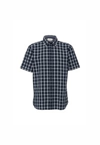 Korte mouwen knoopbloes in een marineblauw en wit geruit patroon; mix van katoen; button-down kraag; regular fit; rechte zoom.