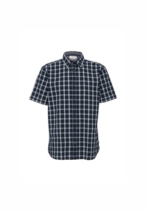 Chemise à manches courtes à boutons en motif carreaux bleu marine et blanc ; matériau en mélange de coton ; col à boutons ; coupe classique ; ourlet droit.