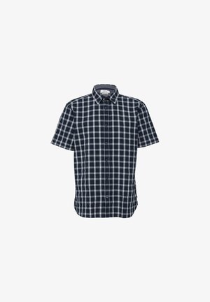Chemise à manches courtes à boutons en motif carreaux bleu marine et blanc ; matériau en mélange de coton ; col à boutons ; coupe classique ; ourlet droit.