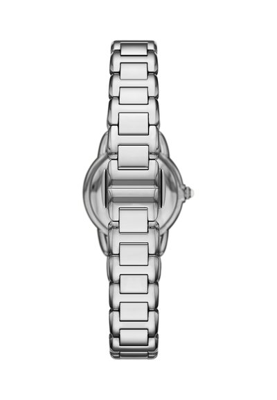 Orologio con bracciale a maglie metalliche visto di lato, che mostra maglie rettangolari e corona dell’orologio sul lato destro.