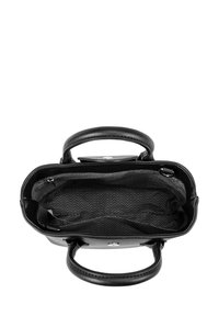 Black leather handbag with rounded handles, zip pocket, and a textured fabric interior featuring a zigzag pattern. Opens from the top.