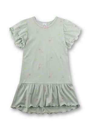 Robe vert clair à manches courtes avec ourlet et manches volantées, présentant un motif de chats roses avec des nœuds et de petits cœurs jaunes.