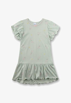 Vestito verde chiaro a manica corta con orlo e maniche arricciate, con motivo di gatti rosa con fiocchi e piccoli cuori gialli.