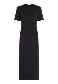 Zwarte maxi-jurk met korte mouwen, ronde halslijn, rechte snit, gemaakt van een gladde stof, zonder zichtbare patronen of accenten.