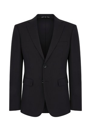 Czarna, dopasowana marynarka uszyta z gładkiego materiału. Posiada klapy wycięte, jedno-rzędowy fason, dwie przednie kieszenie oraz slim fit.